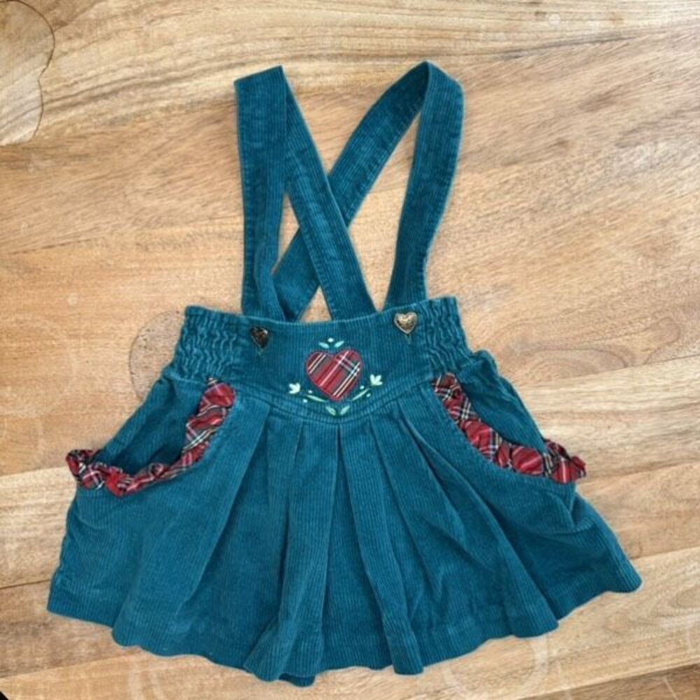 Vintage 80s Green & Red Corduroy Girls Dress Criss Cross Toddler Size 2 Cotton